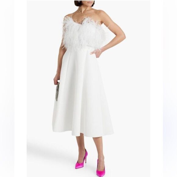 BADGLEY MISCHKA Feather Belted Midi Dress in WHITE Strapless MISSING BELT Size 8 - Picture 1 of 15